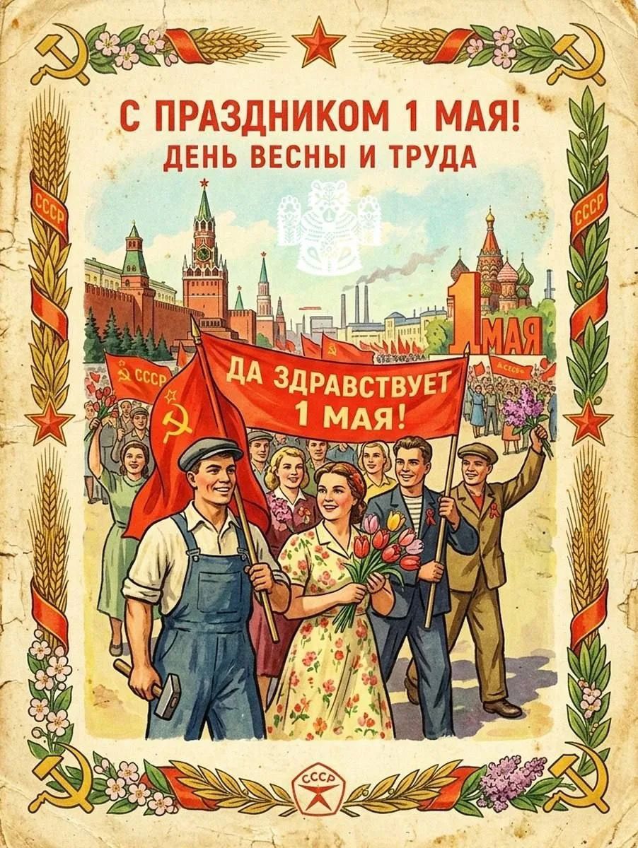 С ПРАЗДНИКОМ 1 МАЯ! ДЕНЬ ВЕСНЫ И ТРУДА. ДА ЗДРАВСТВУЕТ 1 МАЯ! СССР.
