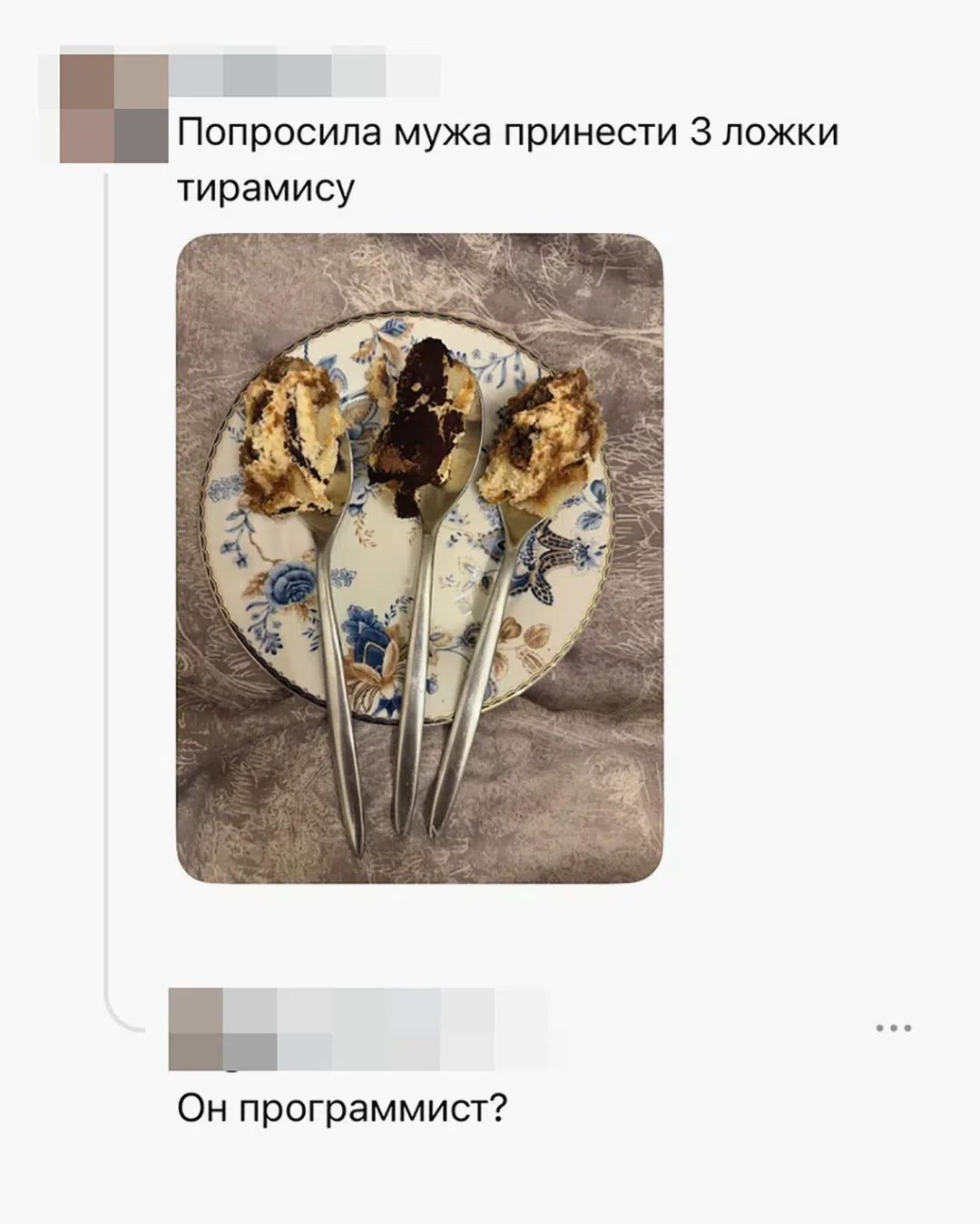 Попросила мужа принести 3 ложки тирамису. Он программист?
