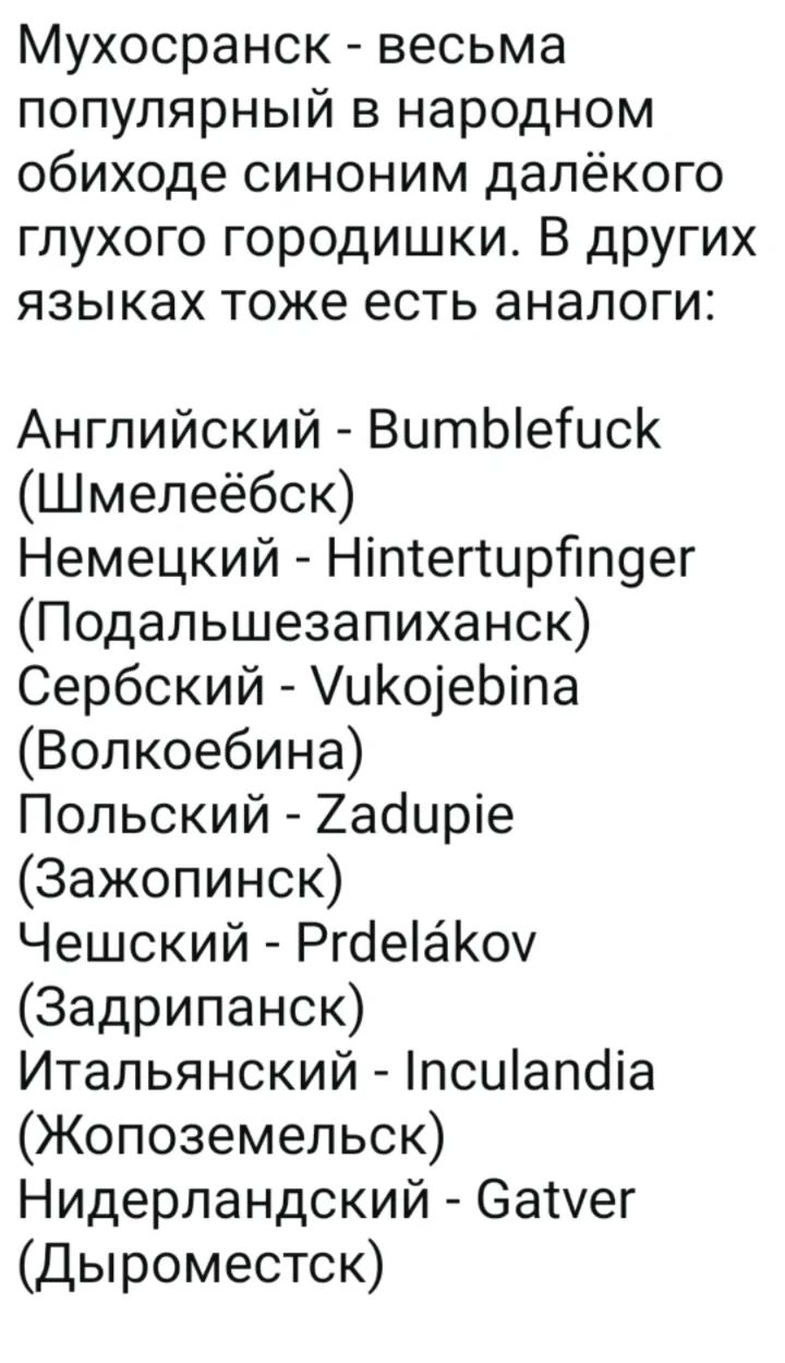 Мухосранск - весьма популярный в народном обиходе синоним далёкого глухого городишки. В других языках тоже есть аналоги: Английский - Bumblefuck (Шмелеёбск) Немецкий - Hintertupfinger (Подальшезапиханск) Сербский - Vukojejbina (Волкоебина) Польский - Zadupie (Зажопинск) Чешский - Prdelákov (Задрипанск) Итальянский - Inculandia (Жопоземельск)