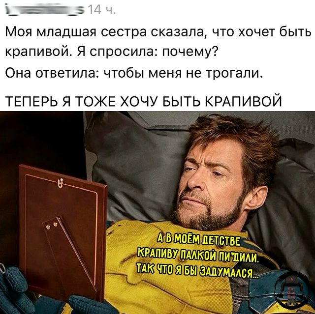 Моя младшая сестра сказала, что хочет быть крапивой. Я спросила: почему? Она ответила: чтобы меня не трогали. ТЕПЕРЬ Я ТОЖЕ ХОЧУ БЫТЬ КРАПИВОЙ А В МОЁМ ДЕТСТВЕ КРАПИВУ ПАЛКОЙ ПИ*ДИЛИ. ТАК ЧТО Я БЫ ЗАДУМАЛСЯ...
