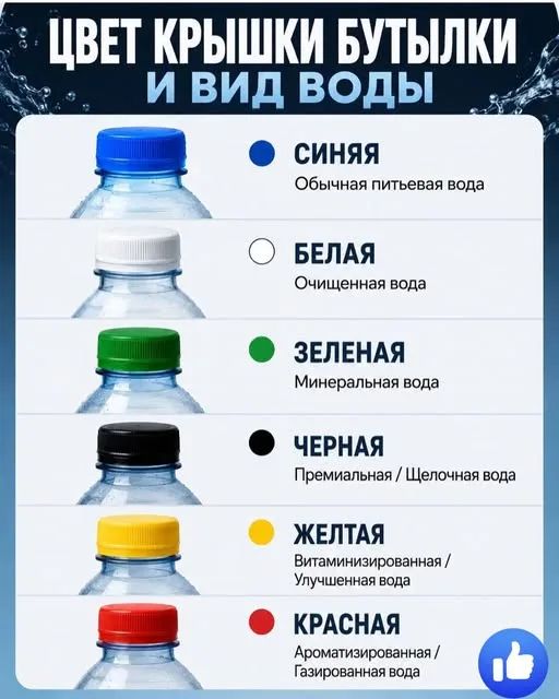 ЦВЕТ КРЫШКИ БУТЫЛКИ И ВИД ВОДЫ СИНЯЯ Обычная питьевая вода БЕЛАЯ Очищенная вода ЗЕЛЕНАЯ Минеральная вода ЧЕРНАЯ Премиальная / Щелочная вода ЖЕЛТАЯ Витаминизированная / Улучшенная вода КРАСНАЯ Ароматизированная / Газированная вода