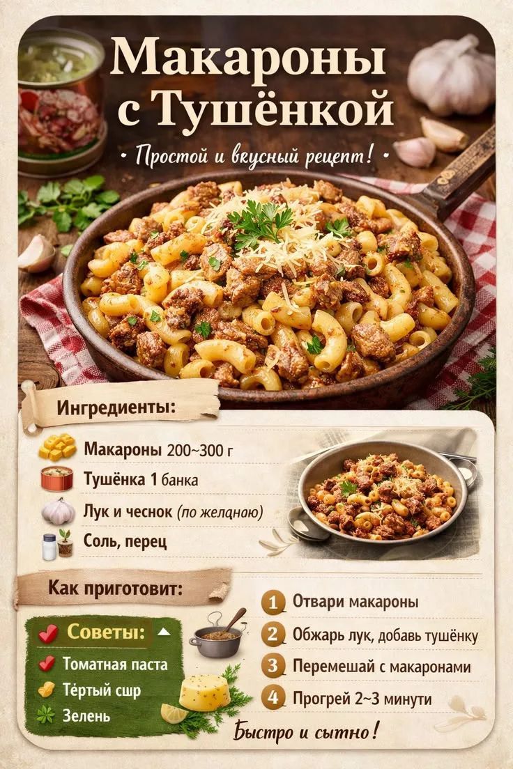 Макароны с Тушёнкой. Простой и вкусный рецепт! Ингредиенты: Макароны 200-300 г, Тушёнка 1 банка, Лук и чеснок (по желанию), Соль, перец. Как приготовить: 1 Отвари макароны, 2 Обжарь лук, добавь тушёнку, 3 Перемешай с макаронами, 4 Прогрей 2-3 минуты. Советы: Томатная паста, Тёртый сыр, Зелень. Быстро и сытно!