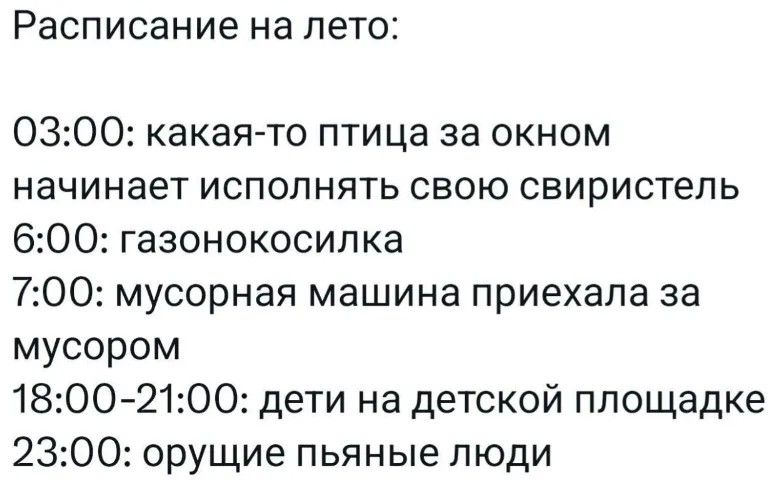 Расписание на лето:
03:00: какая-то птица за окном начинает исполнять свою свиристель
6:00: газонокосилка
7:00: мусорная машина приехала за мусором
18:00-21:00: дети на детской площадке
23:00: орущие пьяные люди