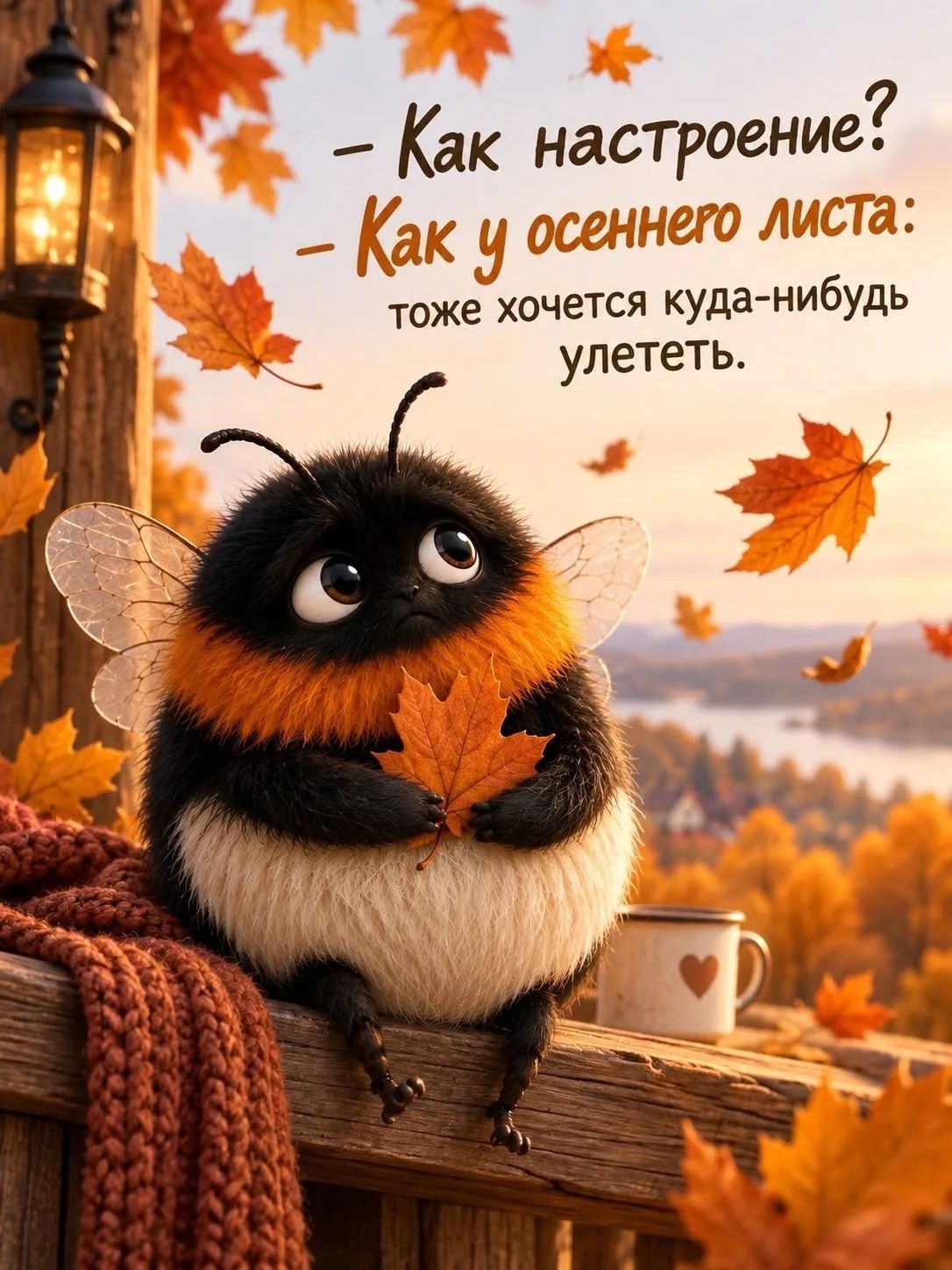 — Как настроение? — Как у осеннего листа: тоже хочется куда-нибудь улететь.