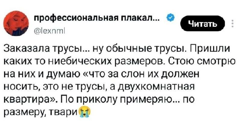 профессиональная плакал... @lexnml Читать Заказала трусы... ну обычные трусы. Пришли каких то ниебических размеров. Стою смотрю на них и думаю «что за слон их должен носить, это не трусы, а двухкомнатная квартира». По приколу примеряю... по размеру, твари