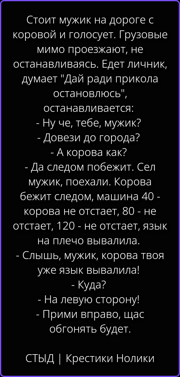 Стоит мужик на дороге с коровой и голосует. Грузовые мимо проезжают, не останавливаясь. Едет личник, думает 