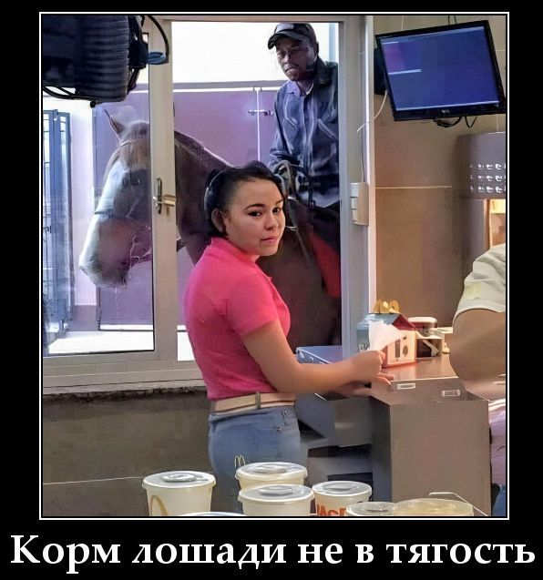Мужчина на лошади подъехал к окну фастфуда, а девушка-сотрудник смотрит на камеру. Надпись снизу: «Корм лошади не в тягость».