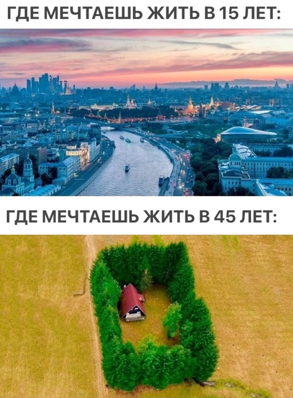 ГДЕ МЕЧТАЕШЬ ЖИТЬ В 15 ЛЕТ: [изображение большого города с рекой и небоскребами] ГДЕ МЕЧТАЕШЬ ЖИТЬ В 45 ЛЕТ: [изображение маленького уединенного дома, окруженного живой изгородью в поле]