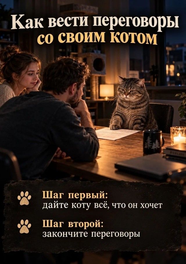 Как вести переговоры со своим котом Шаг первый: дайте коту всё, что он хочет Шаг второй: закончите переговоры