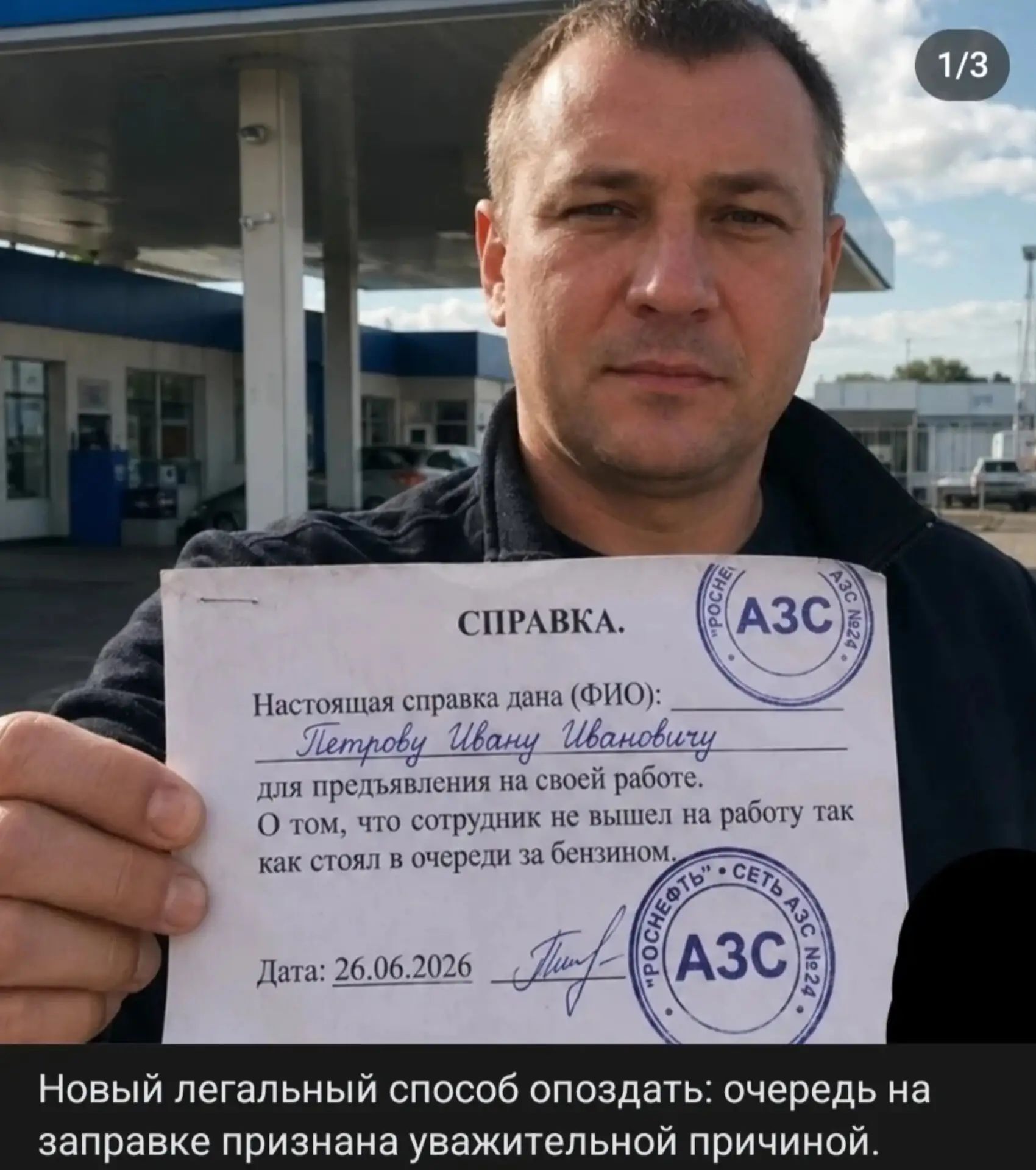 СПРАВКА. Настоящая справка дана (ФИО): Петрову Ивану Ивановичу для предъявления на своей работе. О том, что сотрудник не вышел на работу так как стоял в очереди за бензином. Дата: 26.06.2026. Новый легальный способ опоздать: очередь на заправке признана уважительной причиной.