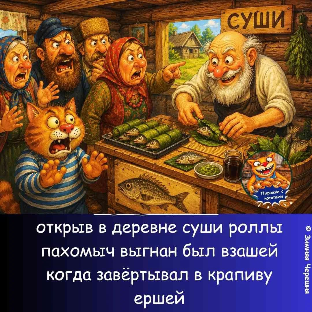 СУШИ Пирожки с котятами Зимняя Черешня открыв в деревне суши роллы пахомыч выгнан был взашей когда завёртывал в крапиву ершей