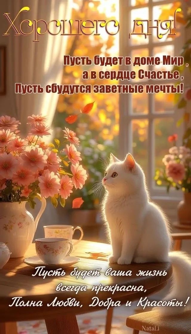 Хорошего дня! Пусть будет в доме Мир, а в сердце Счастье, Пусть сбудутся заветные мечты! Пусть будет ваша жизнь всегда прекрасна, Полная Любви, Добра и Красоты! Natali