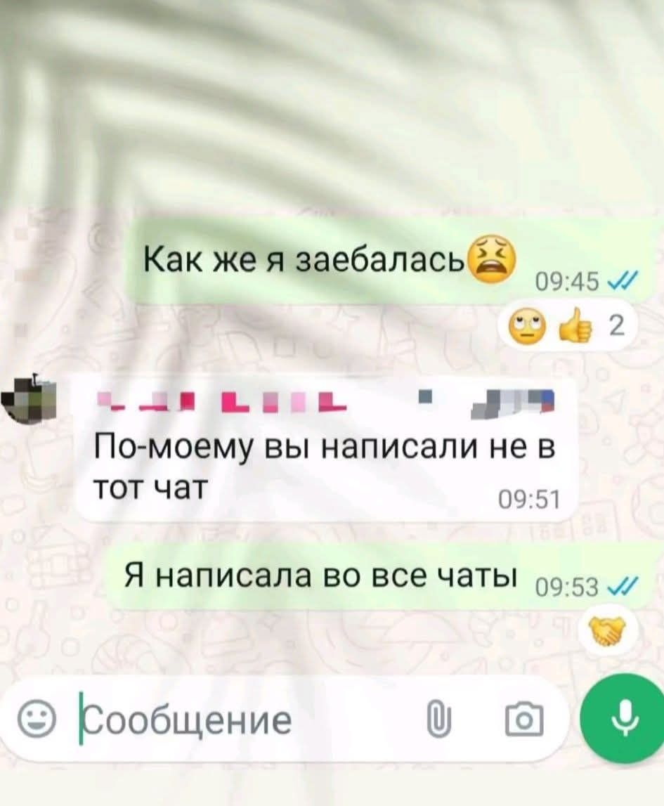 Как же я заeбалась По-моемому вы написали не в тот чат Я написала во все чаты