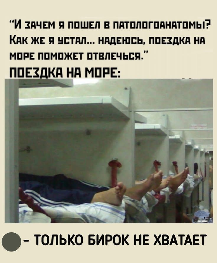 И зачем я пошел в патологоанатомы? Как же я устал... Надеюсь, поездка на море поможет отвлечься. Поездка на море: - Только бирок не хватает