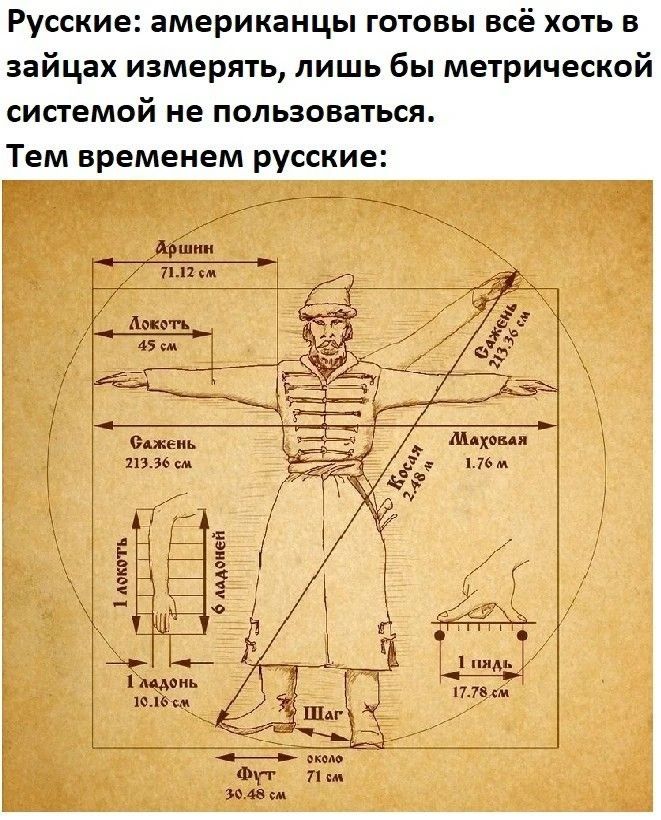 РУССКИЕ: американцы готовы всё хоть в зайцах измерять, лишь бы метрической системой не пользоваться. Тем временем русские: Аршин 71.12 см Локоть 45 см Сажень 213.36 см Маховая 1.76 м Косая 2.48 м 1 локоть 6 ладоней 1 ладонь 10.16 см 1 пядь 17.78 см Шаг около 71 см Фут 30.48 см