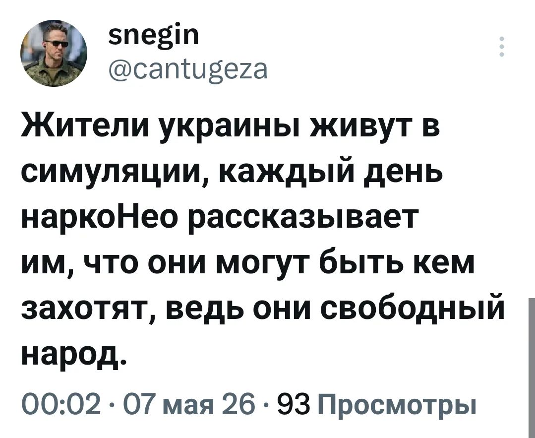 Жители Украины живут в симуляции, каждый день наркоНео рассказывает им, что они могут быть кем захотят, ведь они свободный народ.