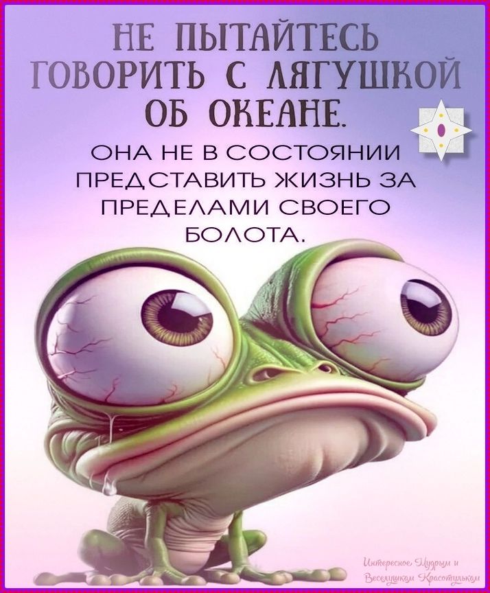 НЕ ПЫТАЙТЕСЬ ГОВОРИТЬ С ЛЯГУШКОЙ ОБ ОКЕАНЕ. ОНА НЕ В СОСТОЯНИИ ПРЕДСТАВИТЬ ЖИЗНЬ ЗА ПРЕДЕЛАМИ СВОЕГО БОЛОТА.