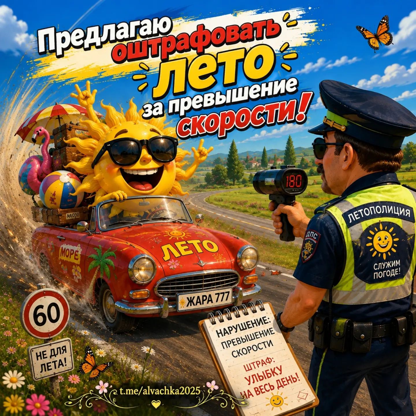 Предлагаю оштрафовать лето за превышение скорости! МОРЕ, ЛЕТО, ЖАРА 777, 60 НЕ ДЛЯ ЛЕТА!, 180, НАРУШЕНИЕ: ПРЕВЫШЕНИЕ СКОРОСТИ, ШТРАФ: УЛЫБКУ НА ВЕСЬ ДЕНЬ!, ЛЕТОПОЛИЦИЯ СЛУЖИМ ПОГОДЕ!, t.me/alvachka2025