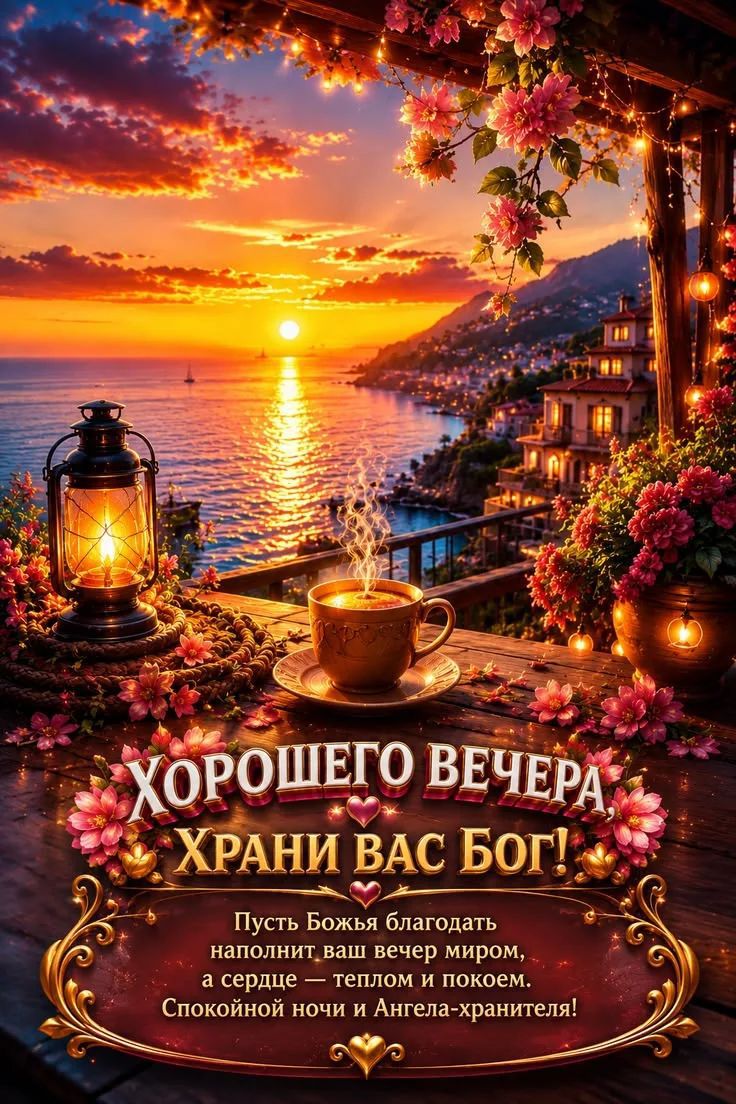 ХОРОШЕГО ВЕЧЕРА, ХРАНИ ВАС БОГ! Пусть Божья благодать наполнит ваш вечер миром, а сердце — теплом и покоем. Спокойной ночи и Ангела-хранителя!