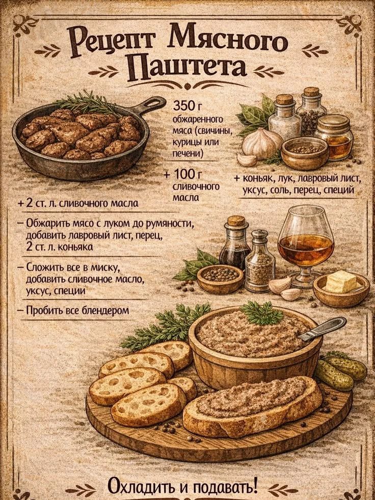 Рецепт Мясного Паштета 350 г обжаренного мяса (свинина, курица или печень) + 100 г сливочного масла + 2 ст. л. сливочного масла + коньяк, лук, лавровый лист, уксус, соль, перец, специи – Обжарить мясо с луком до румяности, добавить лавровый лист, перец, 2 ст. л. коньяка – Сложить все в миску, добавить сливочное масло, уксус, специи – Пробить все