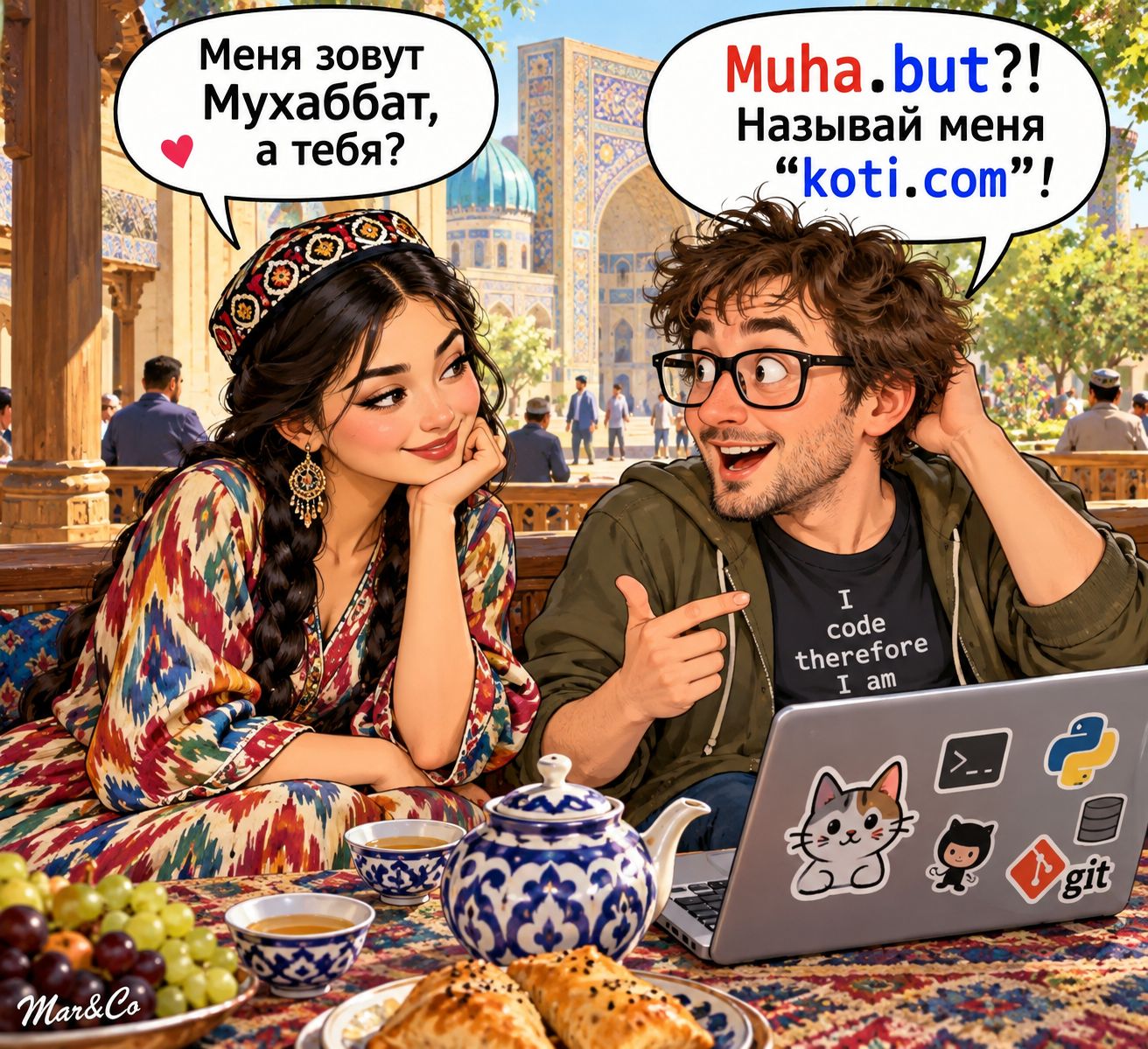 Меня зовут Мухаббат, а тебя? Muha.but?! Называй меня koti.com!