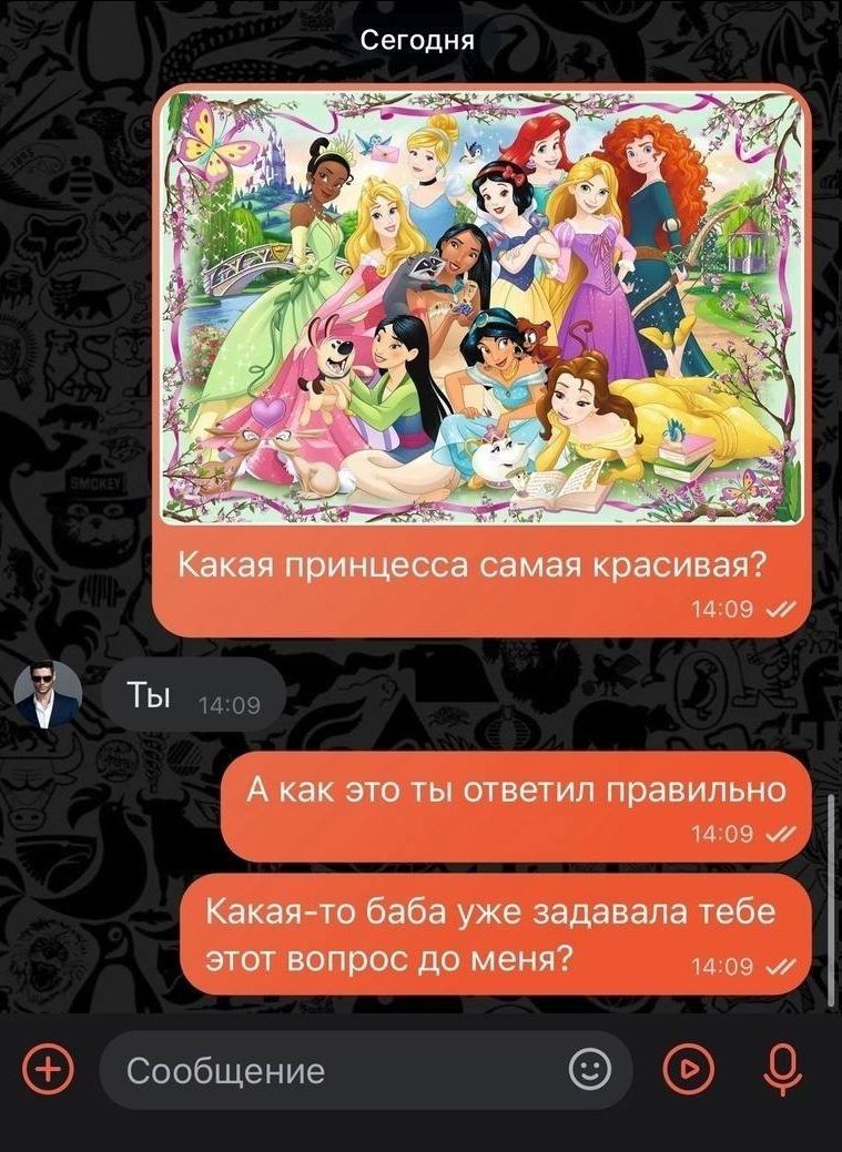 Какая принцесса самая красивая? Ты. А как это ты ответил правильно? Какая-то баба уже задавала тебе этот вопрос до меня?