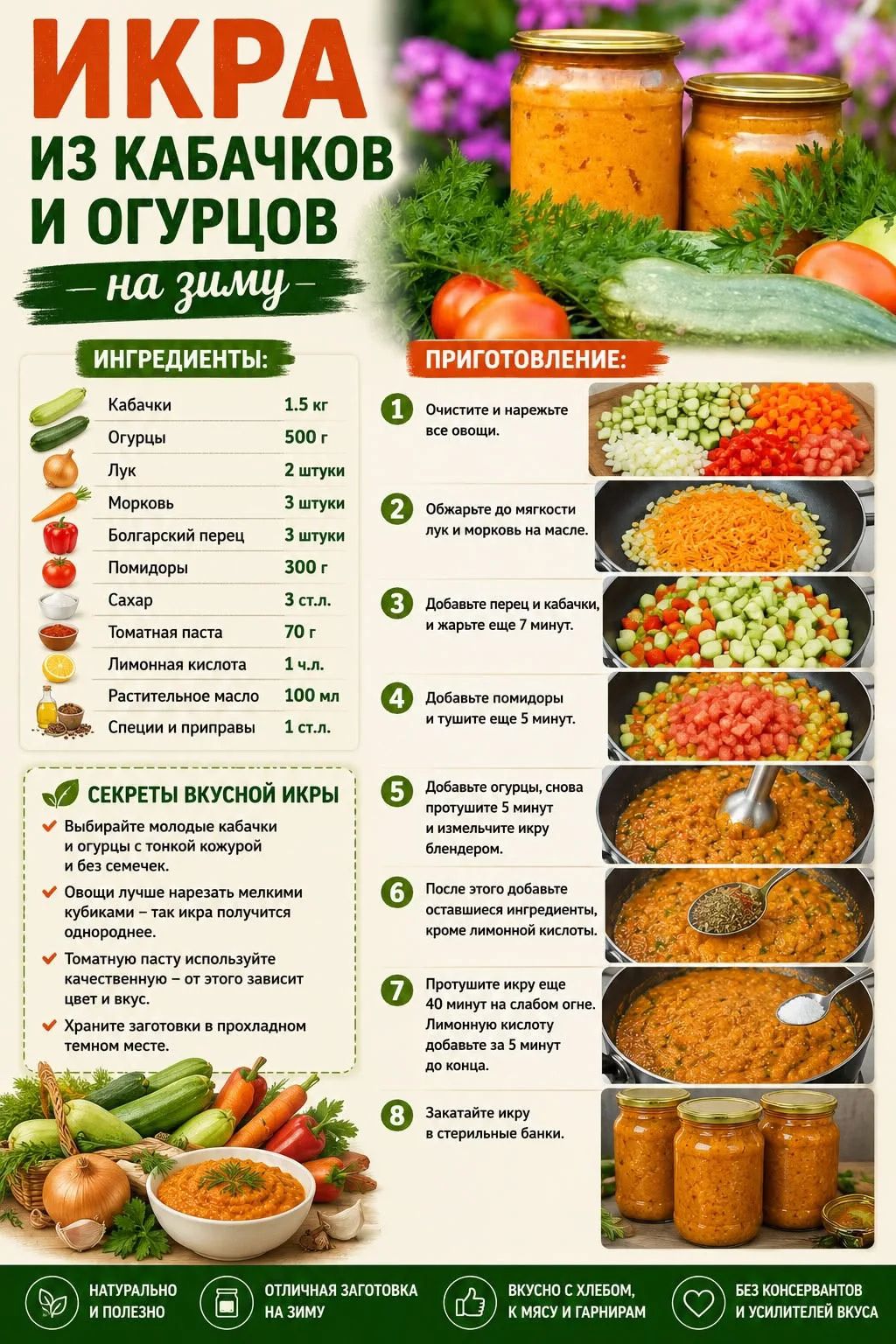 ИКРА ИЗ КАБАЧКОВ И ОГУРЦОВ на зиму ИНГРЕДИЕНТЫ: Кабачки 1.5 кг Огурцы 500 г Лук 2 штуки Морковь 3 штуки Болгарский перец 3 штуки Помидоры 300 г Сахар 3 ст.л. Томатная паста 70 г Лимонная кислота 1 ч.л. Растительное масло 100 мл Специи и приправы 1 ст.л. ПРИГОТОВЛЕНИЕ: 1 Очистите и нарежьте все овощи. 2 Обжарьте до мягкости лук и морковь на масле.