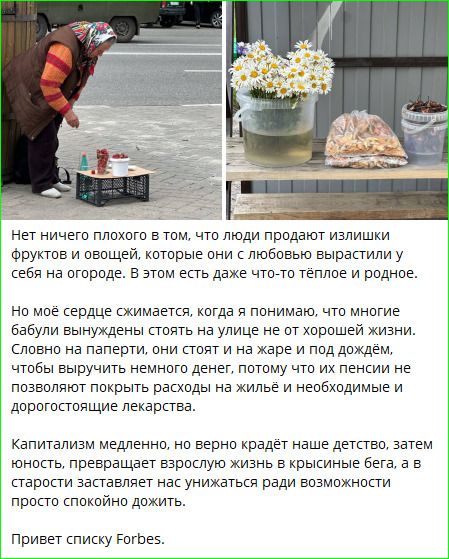 Нет ничего плохого в том, что люди продают излишки фруктов и овощей, которые они с любовью вырастили у себя на огороде. В этом есть даже что-то тёплое и родное. Но моё сердце сжимается, когда я понимаю, что многие бабули вынуждены стоять на улице не от хорошей жизни. Словно на паперти, они стоят и на жаре и под дождём, чтобы выручить немного