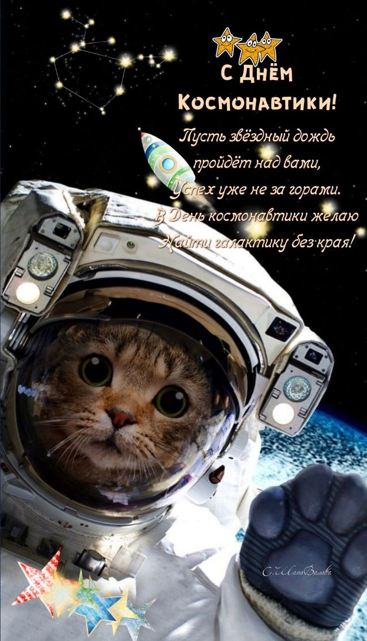 С Днём Космонавтики! Пусть звёздный дождь пройдёт над вами, Успех уже не за горами. В День космонавтики желаю Найти галактику без края!