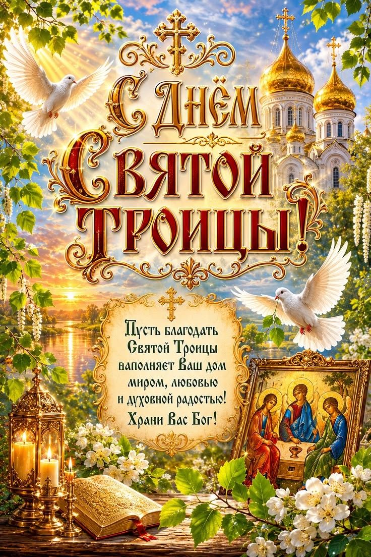 С Днём Святой Троицы! Пусть благодать Святой Троицы наполняет Ваш дом миром, любовью и духовной радостью! Храни Вас Бог!