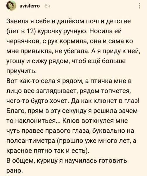 Завела я себе в далёком почти детстве (лет в 12) курочку ручную. Носила ей червячков, с рук кормила, она и сама ко мне привыкла, не убегала. А я приду к ней, угощу и сижу рядом, чтоб ещё больше приучить.
Вот как-то села я рядом, а птичка мне в лицо все заглядывает, рядом топчется, чего-то будто хочет. Да как клюнет в глаз! Благо, прям в эту