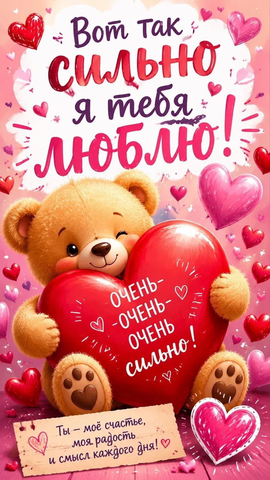 Вот так сильно я тебя люблю! ОЧЕНЬ-ОЧЕНЬ-ОЧЕНЬ сильно! Ты — мое счастье, моя радость и смысл каждого дня!