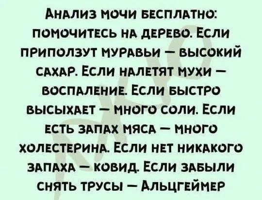 АНАЛИЗ МОЧИ БЕСПЛАТНО: ПОМОЧИТЕСЬ НА ДЕРЕВО. ЕСЛИ ПРИПОЛЗУТ МУРАВЬИ — ВЫСОКИЙ САХАР. ЕСЛИ НАЛЕТЯТ МУХИ — ВОСПАЛЕНИЕ. ЕСЛИ БЫСТРО ВЫСЫХАЕТ — МНОГО СОЛИ. ЕСЛИ ЕСТЬ ЗАПАХ МЯСА — МНОГО ХОЛЕСТЕРИНА. ЕСЛИ НЕТ НИКАКОГО ЗАПАХА — КОВИД. ЕСЛИ ЗАБЫЛИ СНЯТЬ ТРУСЫ — АЛЬЦГЕЙМЕР