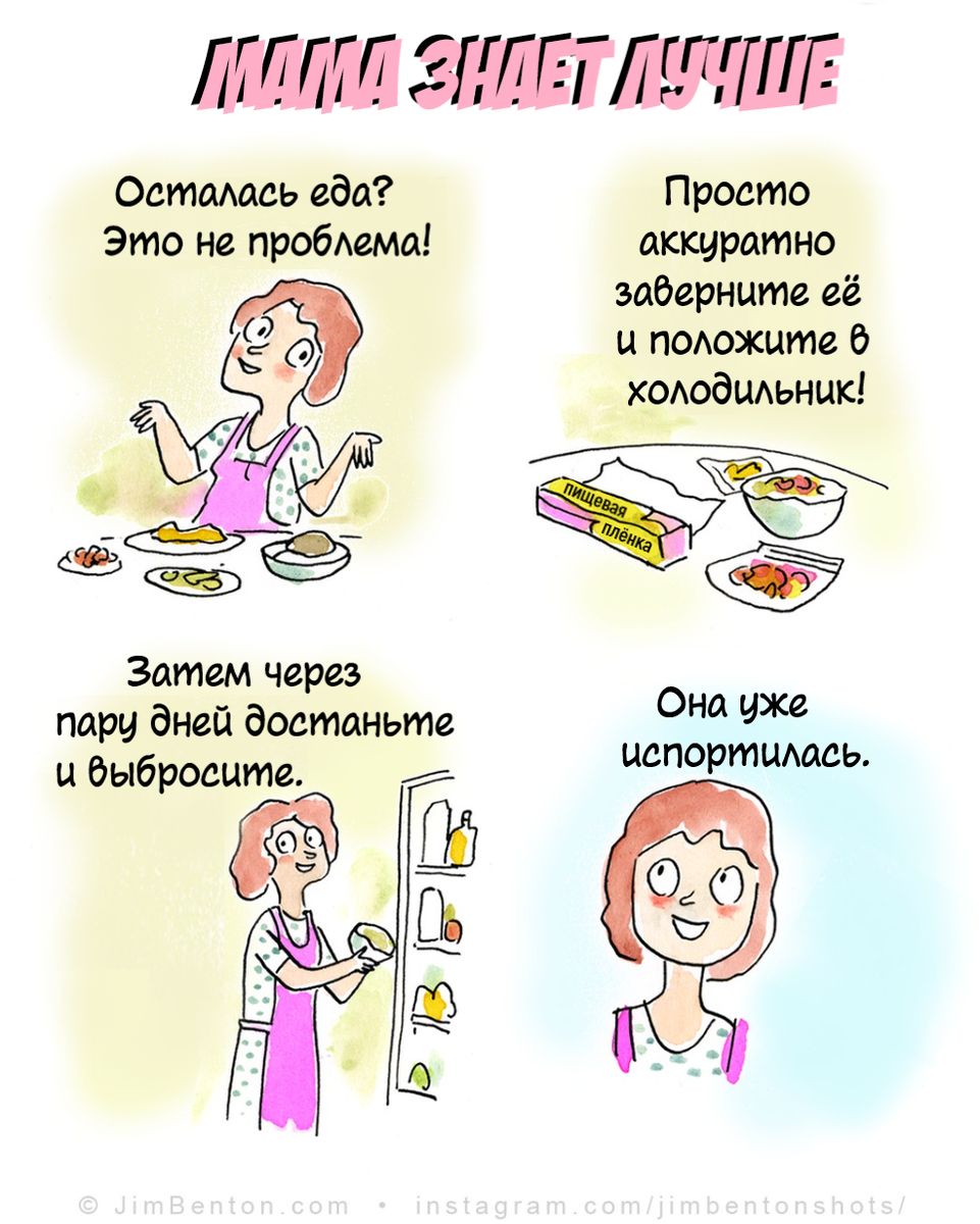 МАМА ЗНАЕТ ЛУЧШЕ Осталась еда? Это не проблема! Просто аккуратно заверните её и положите в холодильник! Затем через пару дней достаньте и выбросите. Она уже испортилась.