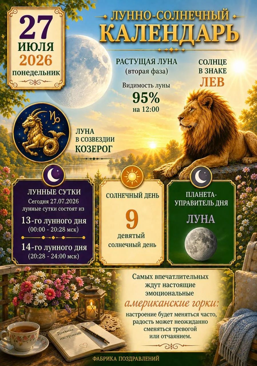 ЛУННО-СОЛНЕЧНЫЙ КАЛЕНДАРЬ 27 ИЮЛЯ 2026 ПОНЕДЕЛЬНИК РАСТУЩАЯ ЛУНА (вторая фаза) Видимость луны 95% на 12:00 СОЛНЦЕ В ЗНАКЕ ЛЕВ ЛУНА В СОЗВЕЗДИИ КОЗЕРОГ ЛУННЫЕ СУТКИ Сегодня 27.07.2026 лунные сутки состоят из 13-го лунного дня (00:00 - 20:28 мск) 14-го лунного дня (20:28 - 24:00 мск) СОЛНЕЧНЫЙ ДЕНЬ 9 девятый солнечный день ПЛАНЕТА-УПРАВИТЕЛЬ ДНЯ