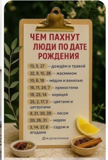 ЧЕМ ПАХНУТ ЛЮДИ ПО ДАТЕ РОЖДЕНИЯ 13, 5, 27 — дождём и травой 22, 9, 15, 28 — жасмином 10, 6, 18 — мёдом и ванилью 16, 11, 24, 7 — пряностями 19, 23, 14 — корицей 25, 2, 17, 3 — цветами и цитрусами 8, 21, 30, 29 — лесом 20, 26, 31 — морем 3, 14, 27, 6 — садом и ягодами Для развлечения