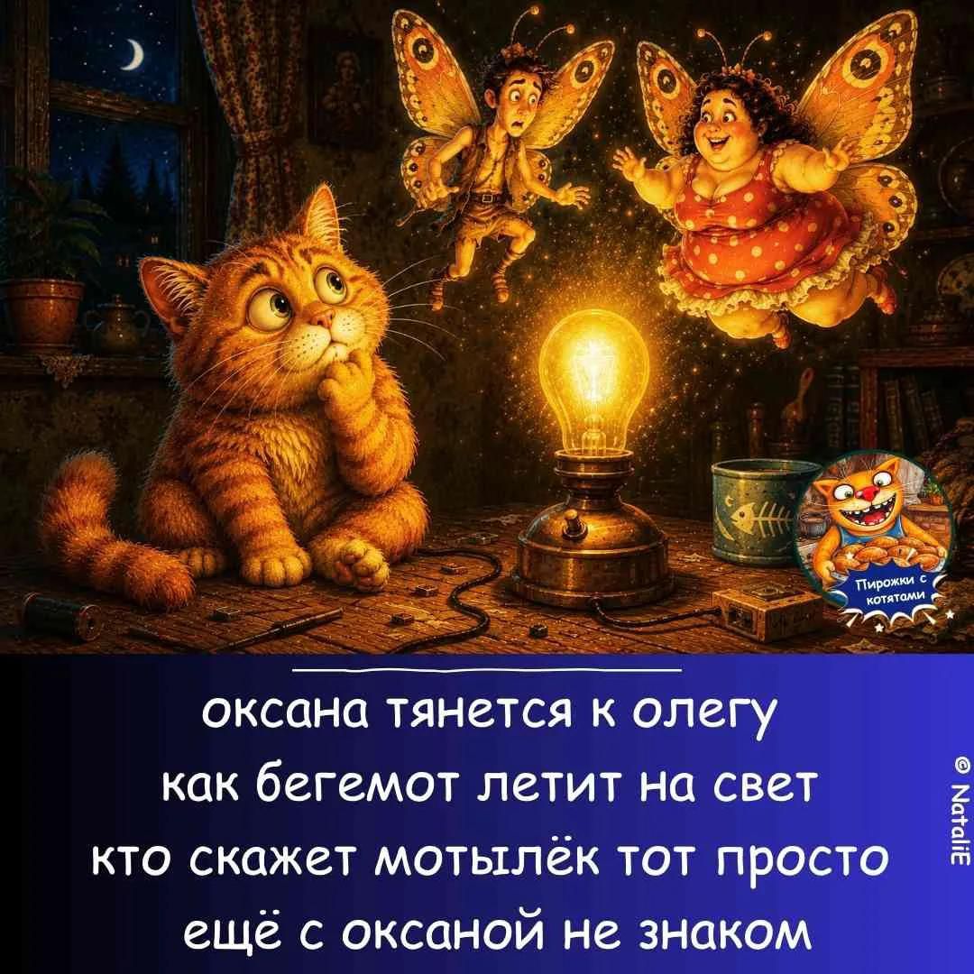 оксана тянется к олегу как бегемот летит на свет кто скажет мотылёк тот просто ещё с оксаной не знаком Пирожки с котятами