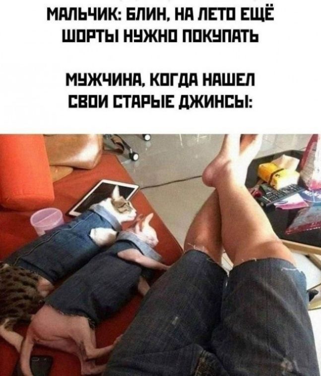 МАЛЬЧИК: БЛИН, НА ЛЕТО ЕЩЁ ШОРТЫ НУЖНО ПОКУПАТЬ МУЖЧИНА, КОГДА НАШЕЛ СВОИ СТАРЫЕ ДЖИНСЫ: