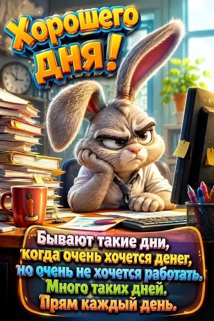 Хорошего дня! Бывают такие дни, когда очень хочется денег, но очень не хочется работать. Много таких дней. Прям каждый день.