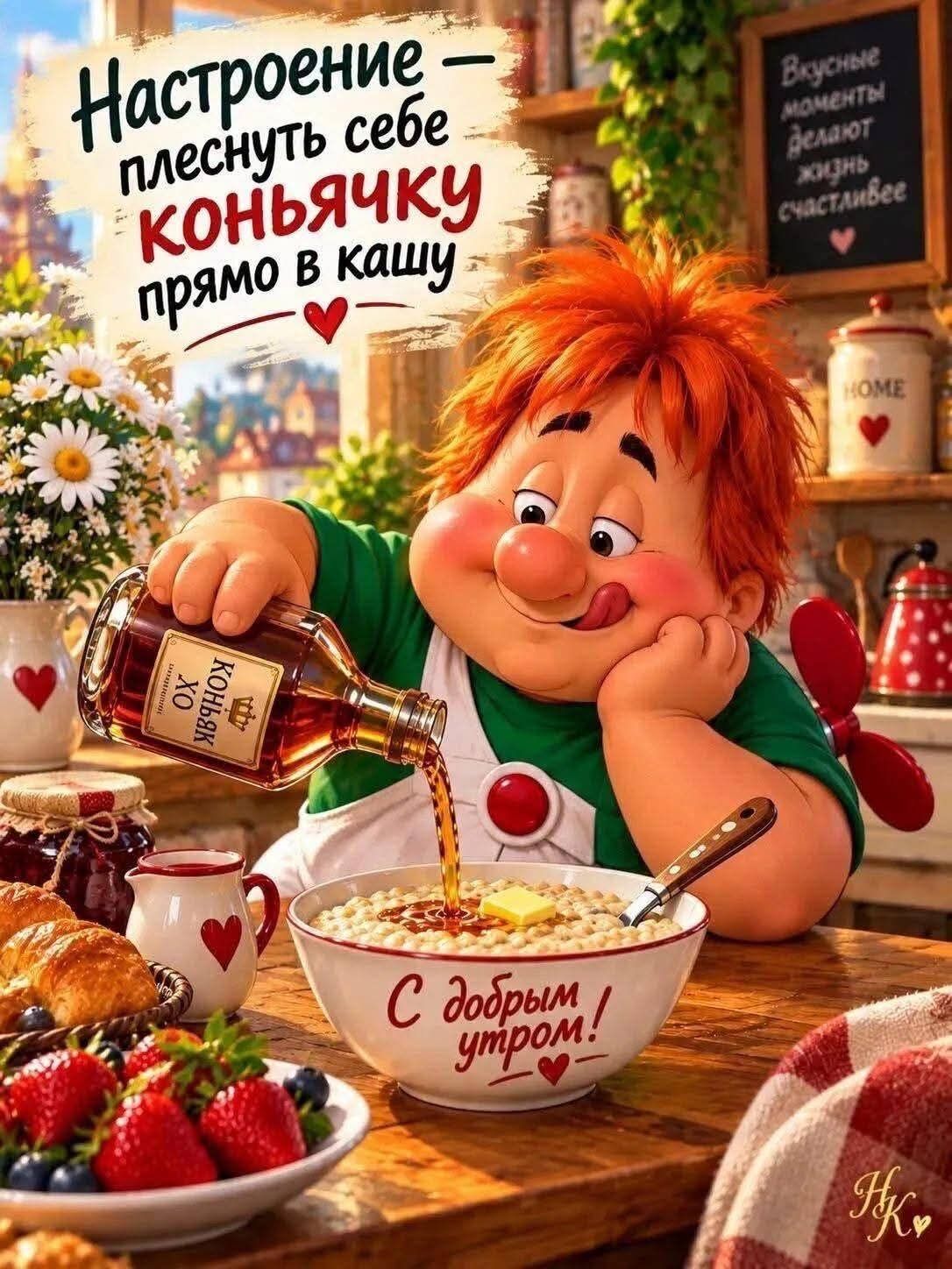 Настроение — плеснуть себе коньячку прямо в кашу. С добрым утром! Вкусные моменты делают жизнь счастливее