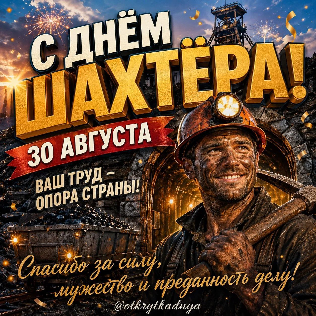С ДНЁМ ШАХТЁРА! 30 АВГУСТА ВАШ ТРУД - ОПОРА СТРАНЫ! Спасибо за силу, мужество и преданность делу!
