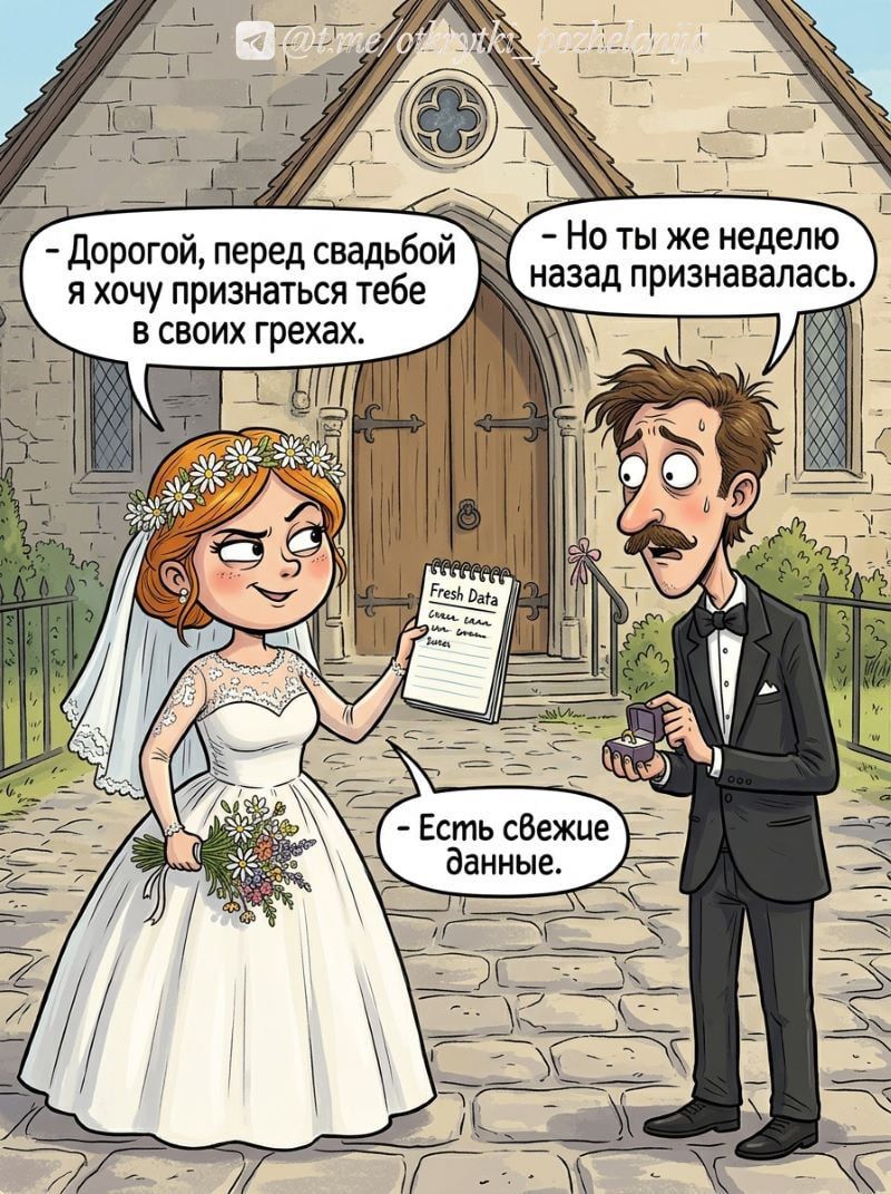 - Дорогой, перед свадьбой я хочу признаться тебе в своих грехах. - Но ты же неделю назад признавалась. - Есть свежие данные.