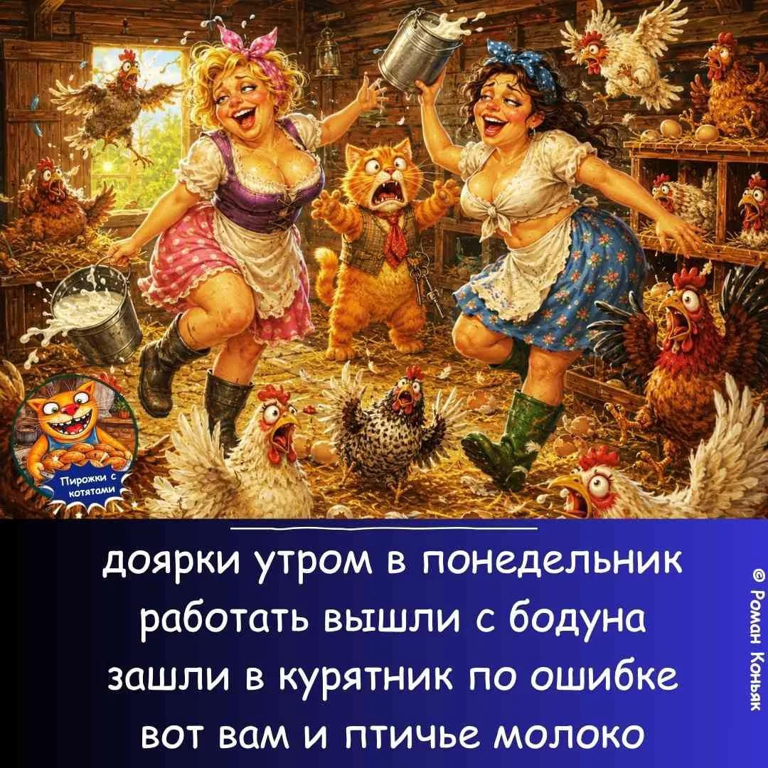 Пирожки с котятами доярки утром в понедельник работать вышли с бодуна зашли в курятник по ошибке вот вам и птичье молоко