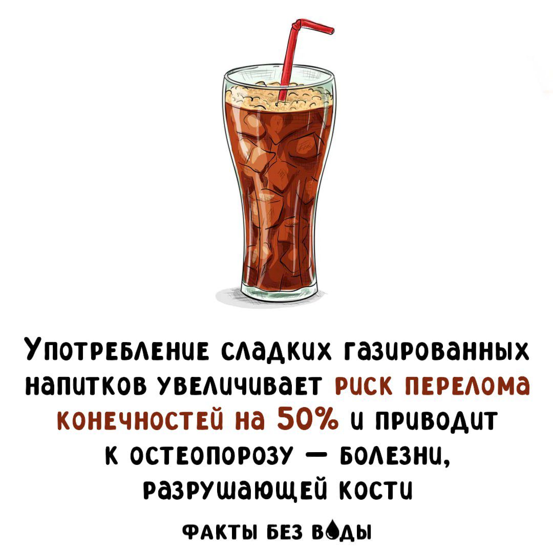Употребление сладких газированных напитков увеличивает риск перелома конечностей на 50% и приводит к остеопорозу — болезни, разрушающей кости. Факты без воды.