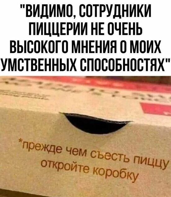 ВИДИМО, СОТРУДНИКИ ПИЦЦЕРИИ НЕ ОЧЕНЬ ВЫСОКОГО МНЕНИЯ О МОИХ УМСТВЕННЫХ СПОСОБНОСТЯХ *прежде чем съесть пиццу откройте коробку