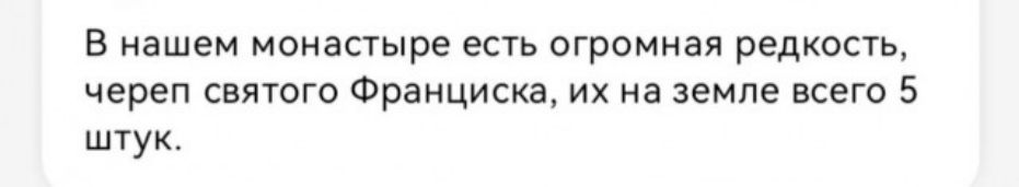 В нашем монастыре есть огромная редкость, череп святого Франциска, их на земле всего 5 штук.
