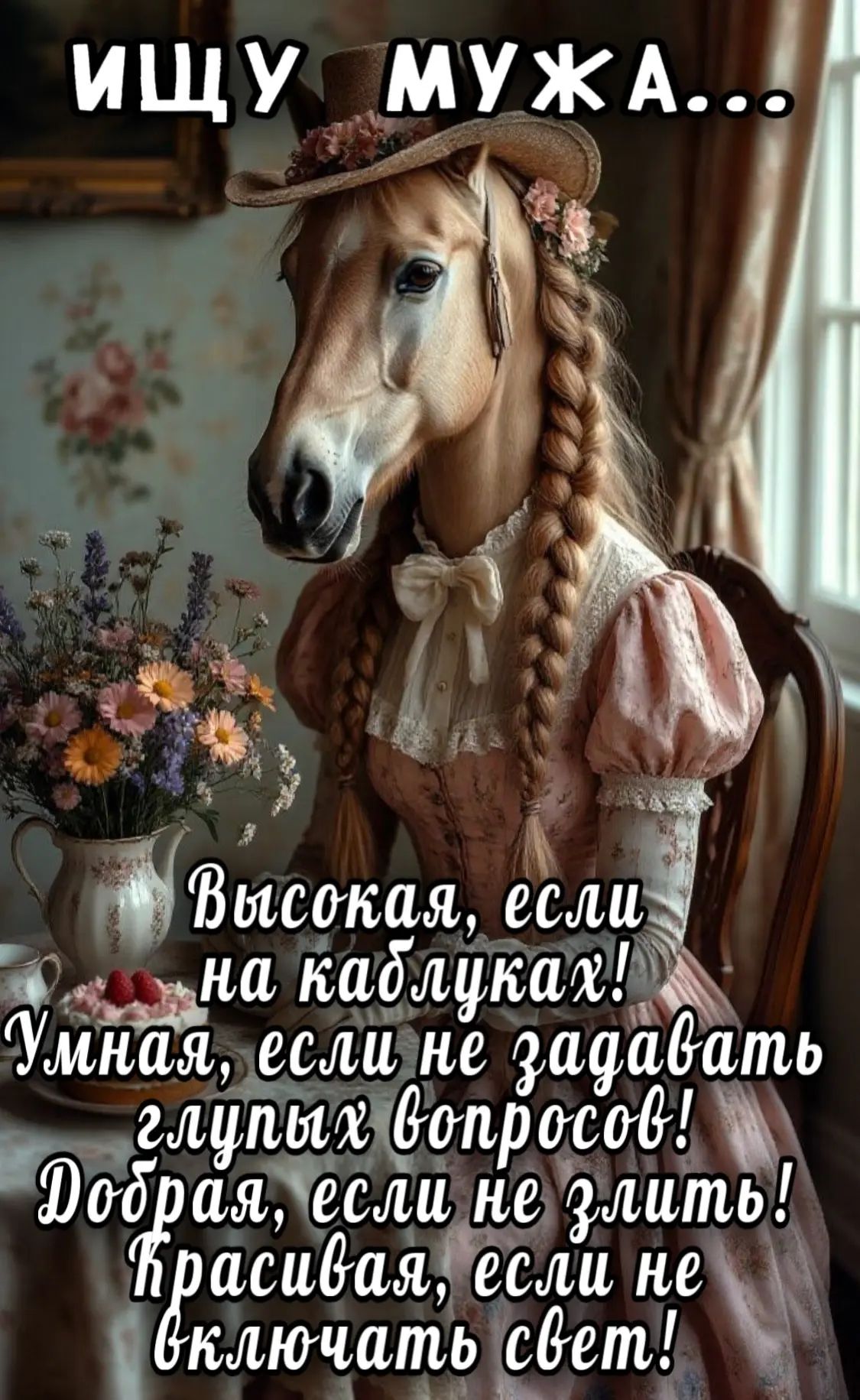 ИЩУ МУЖА... Высокая, если на каблуках! Умная, если не задавать глупых вопросов! Добрая, если не злить! Красивая, если не включать свет!