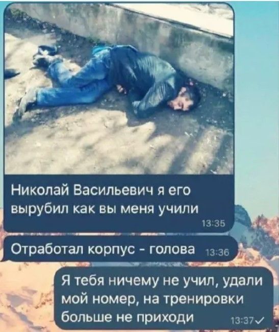 Николай Васильевич я его вырубил как вы меня учили Отработал корпус - голова Я тебя ничему не учил, удали мой номер, на тренировки больше не приходи