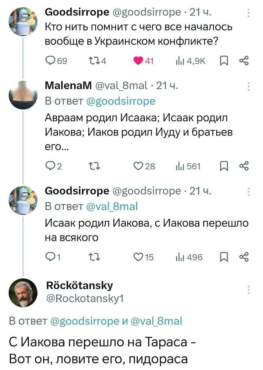 Кто нить помнит с чего все началось вообще в Украинском конфликте? Авраам родил Исаака; Исаак родил Иакова; Иаков родил Иуду и братьев его... Исаак родил Иакова, с Иакова перешло на всякого. С Иакова перешло на Тараса - Вот он, ловите его, пидораса
