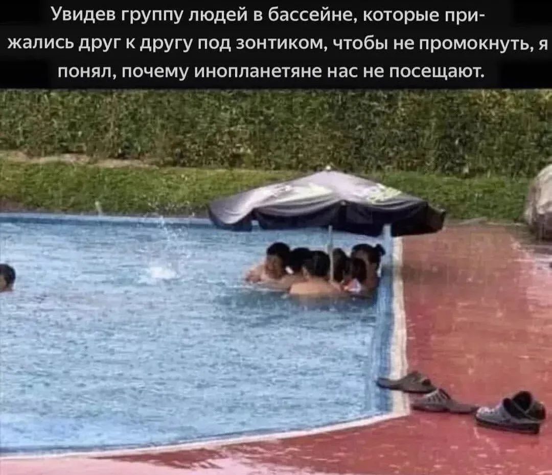 Увидев группу людей в бассейне, которые прижались друг к другу под зонтиком, чтобы не промокнуть, я понял, почему инопланетяне нас не посещают.